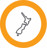 An orange circle icon with the shape of New Zealand in the middle.