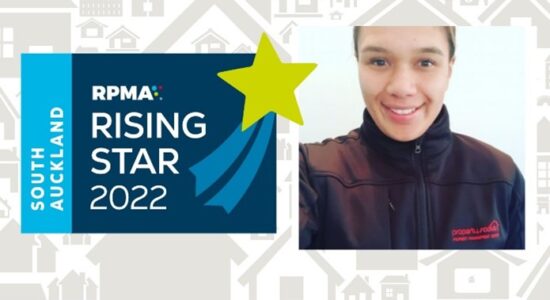 A close up of a person wearing a black jacket. On the left is a graphic that reads, Rising Star 2022.