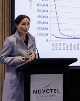 A side angle of a person standing behind a podium and giving a presentation. In the background is a screen with a graph on it.