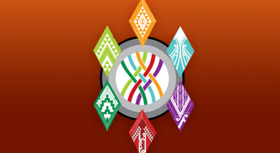 A circular emblem with an interwoven multi-colored design at its center, representing connection and unity. Surrounding the emblem are six intricately designed diamond-shaped patterns, each featuring unique Māori-inspired motifs in green, orange, blue, purple, and red. The background has a warm gradient of deep orange, enhancing the cultural significance and vibrancy of the design.