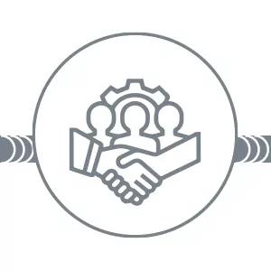 A grey icon in the shape of two hands shaking and three people.